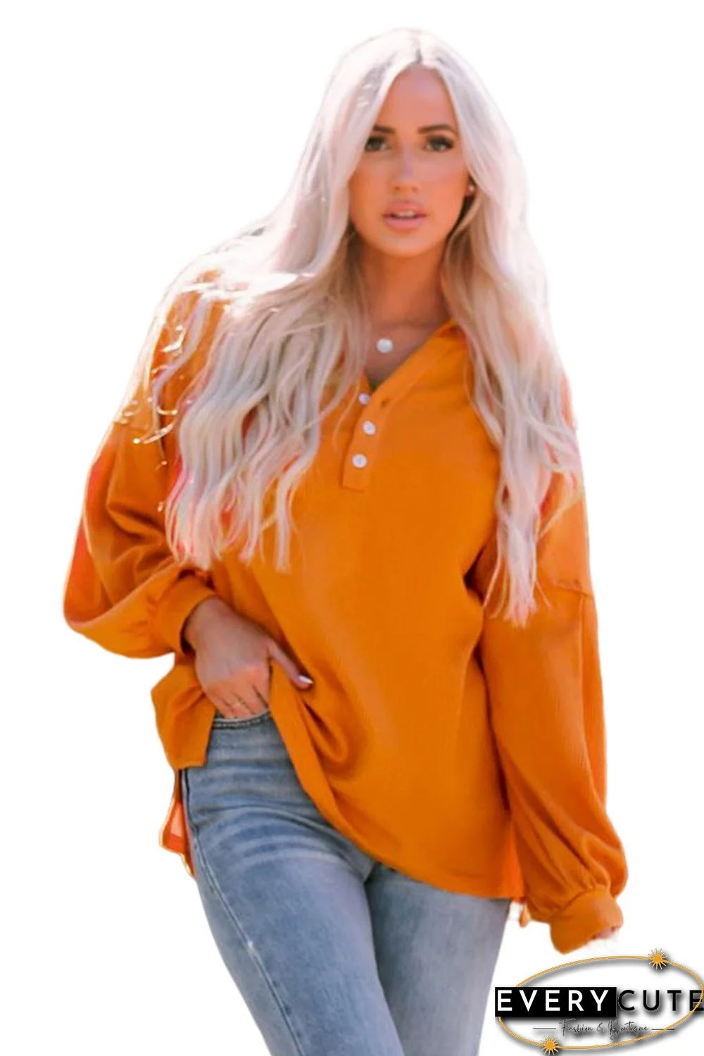 Orange Buttoned V Neck Drop Shoulder Waffle Knit Top