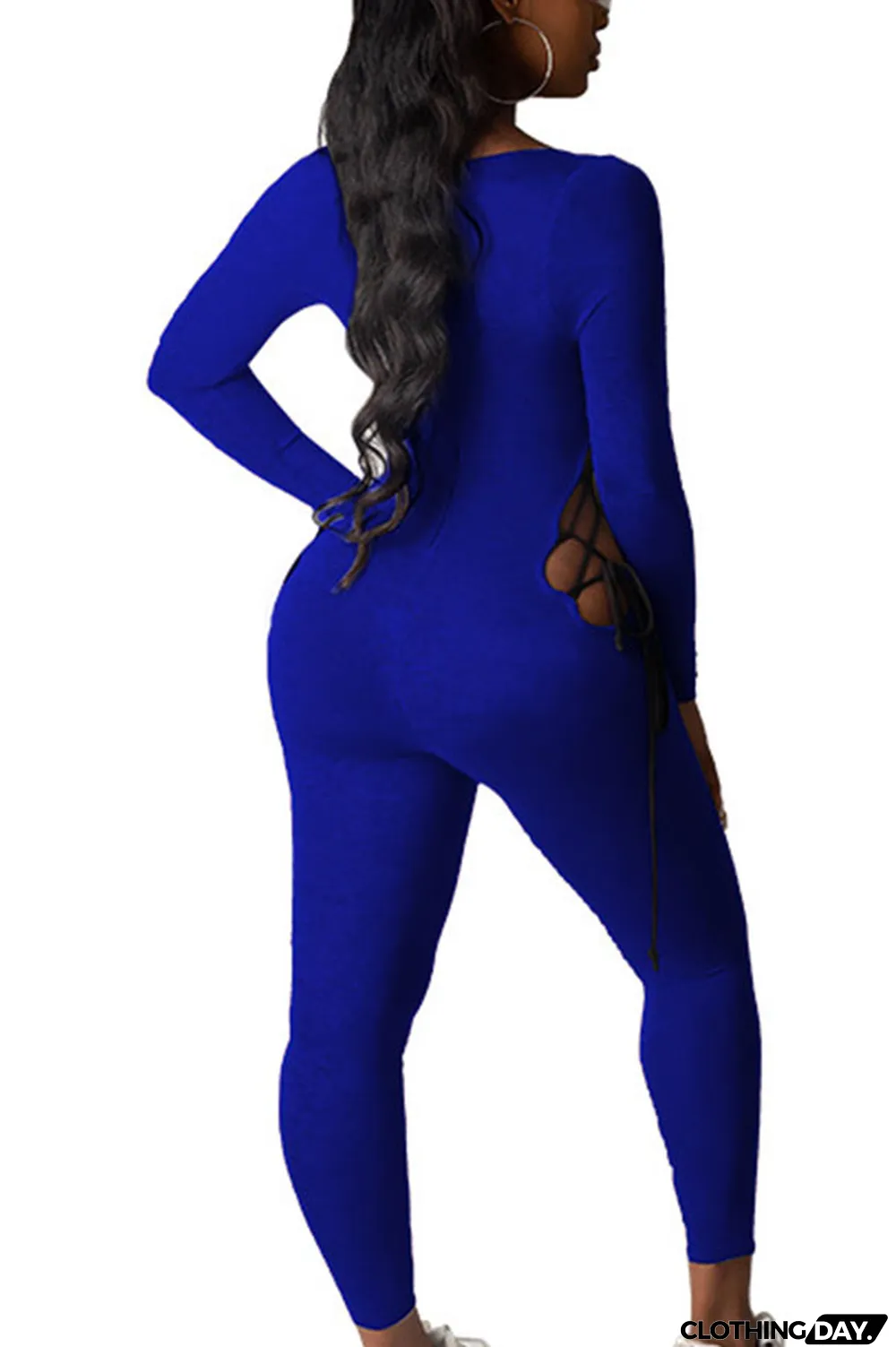 Grey Sexy Polyester Milk Fiber Solid Hollowed Out Frenulum U Neck Skinny Jumpsuits