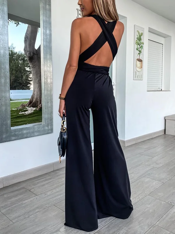 Lace-Up Plunging Sleeveless Jumpsuits