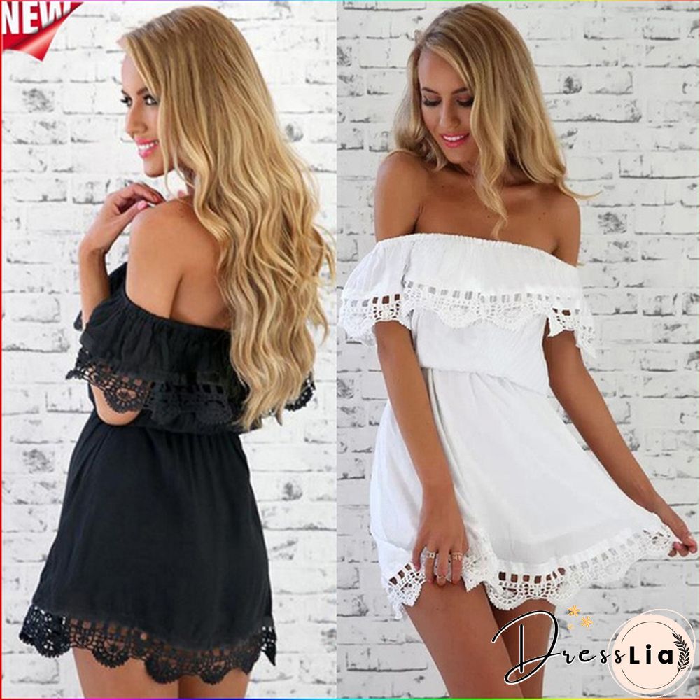 Women Fashion White Lace Stitching Dress Off Shoulder Strapless Dress Neck Ladies Mini Dresses