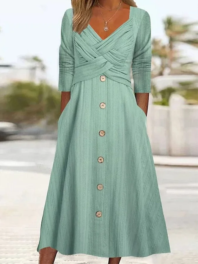 Women's Casual Solid Color Long Sleeve V-Neck Cross Button Dress