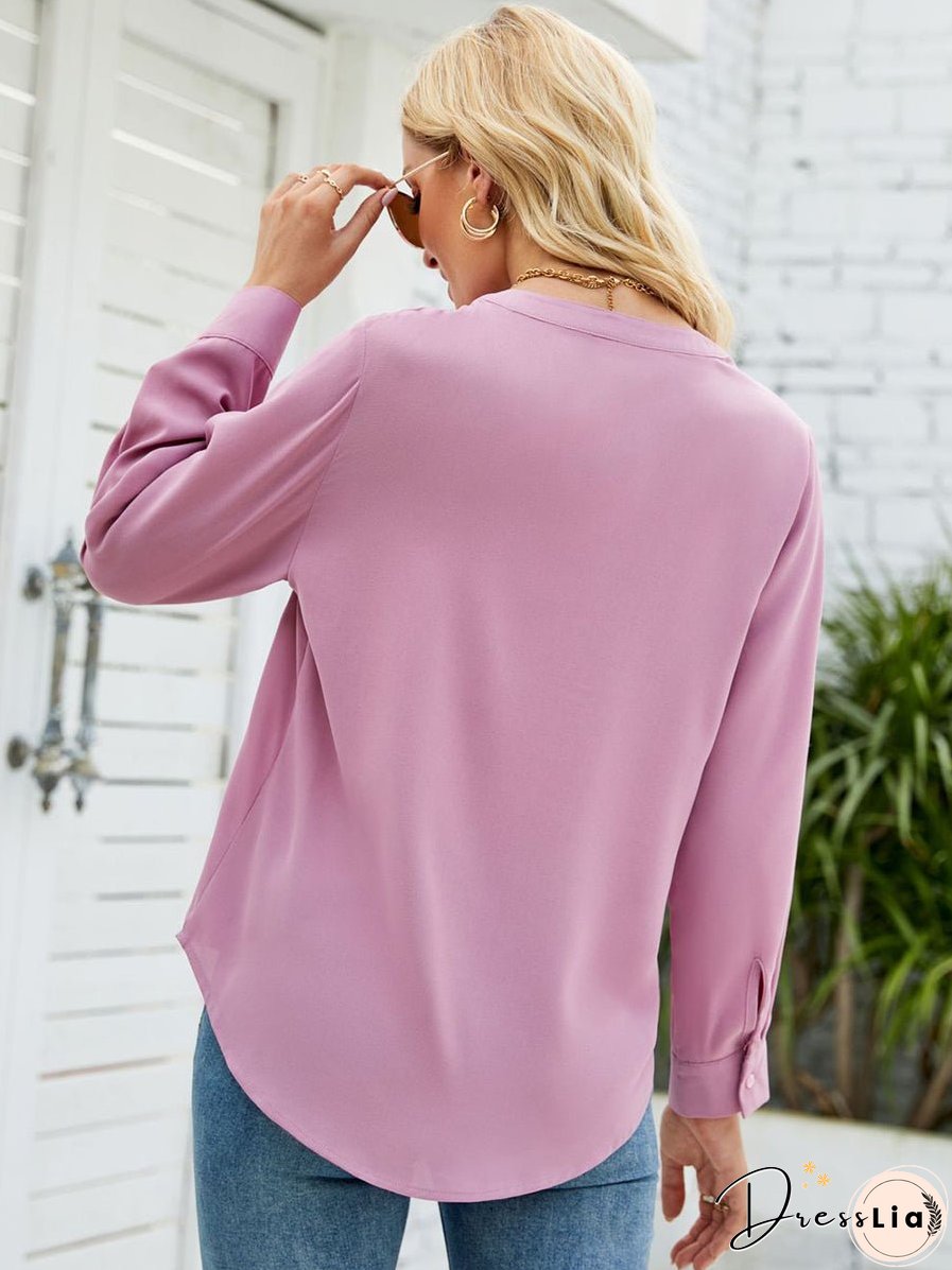 Solid Color Chiffon Loose V-Neck Long Sleeve T-Shirt