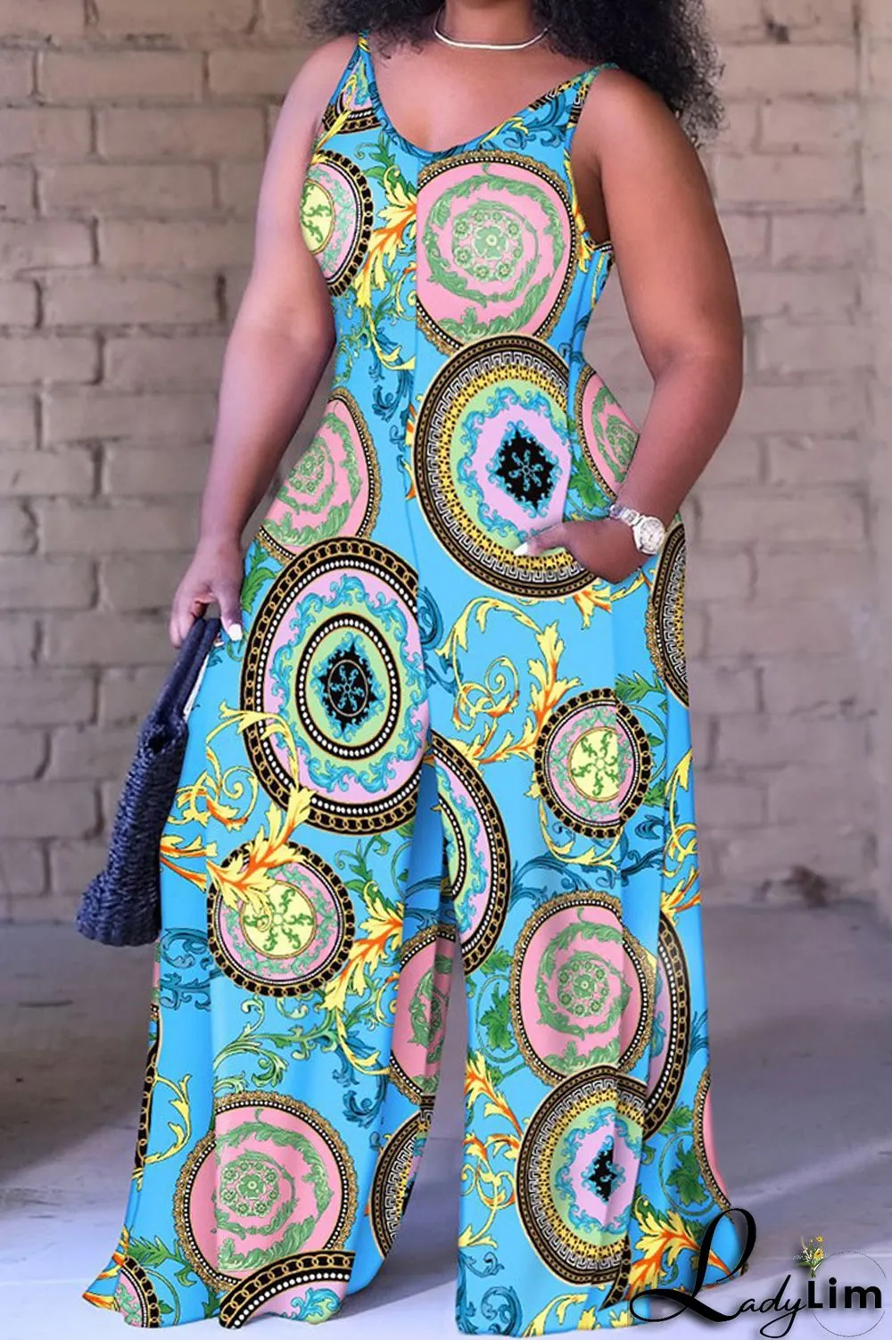 Black White Casual Street Print Spaghetti Strap Loose Jumpsuits