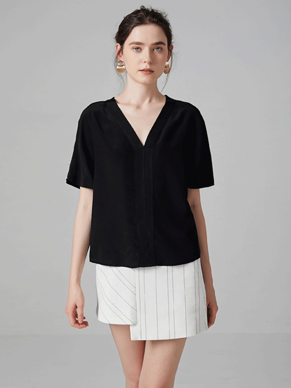 Contrast Pleat V-neck Half Sleeve Silk Tee Unisize-Real Silk Life