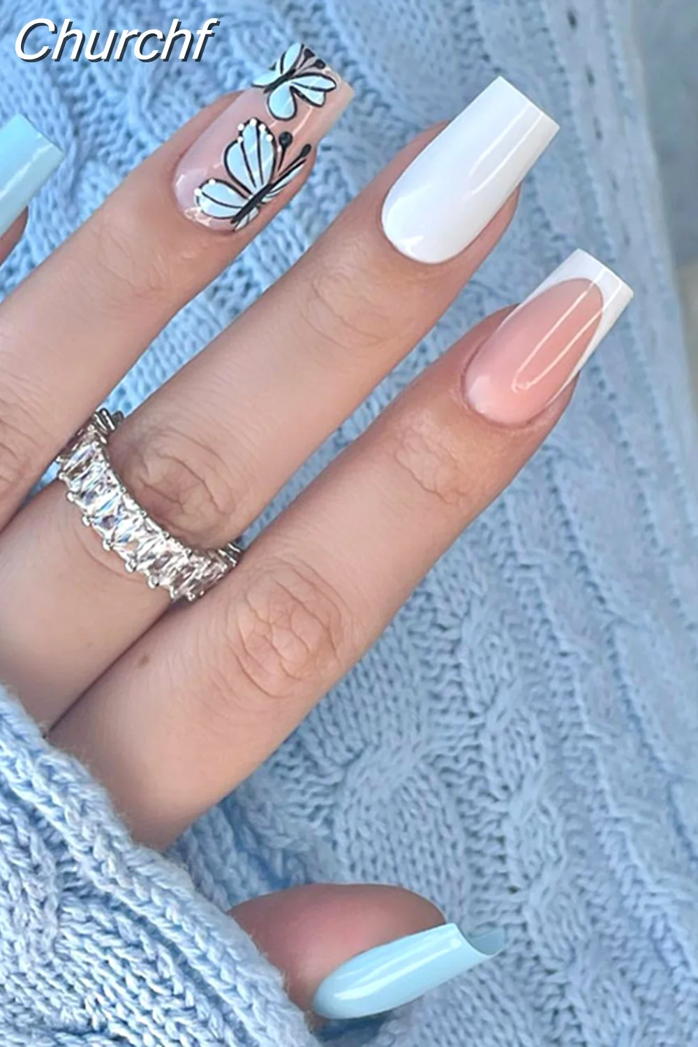 Churchf White Black Short False Nails with Rhinestone Design Fake Nails Press on Nails Acrylic Full Cover Nail Art Tips 1020-0-Nail Inspo