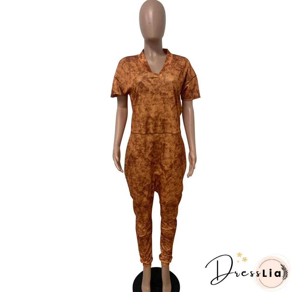 Loose Short Sleeve V Neck Long Harem Jumpsuits