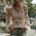 Women's Pink Rose Embroidered Linen Blend V-neck T-shirt - Image 2