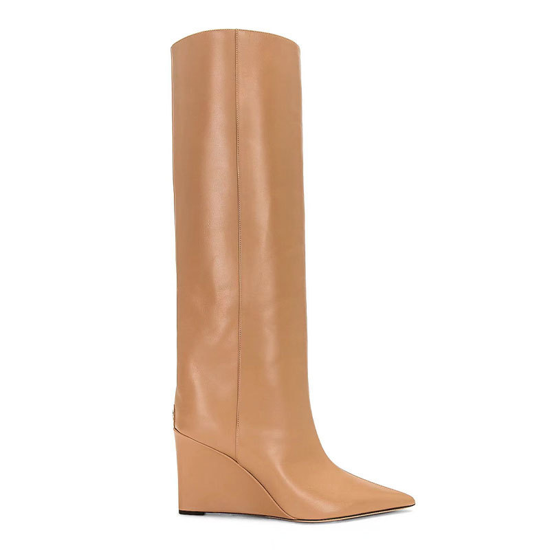 105mm Women's Pointed Toe Wedge Heel Boots Knee High Boots-MERUMOTE