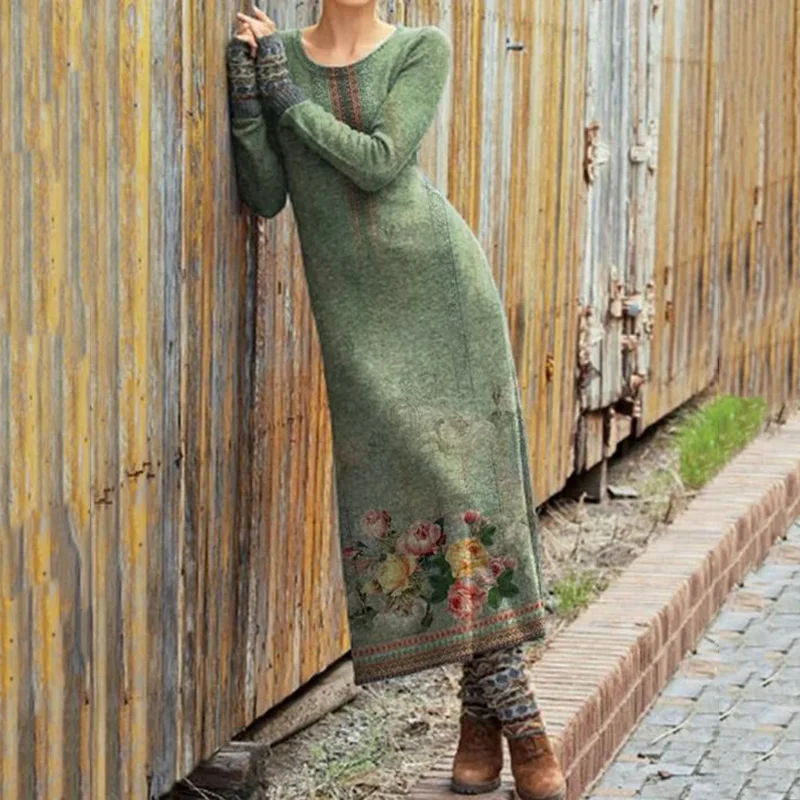 Vintage Botanical Floral Print Wool Midi Dress