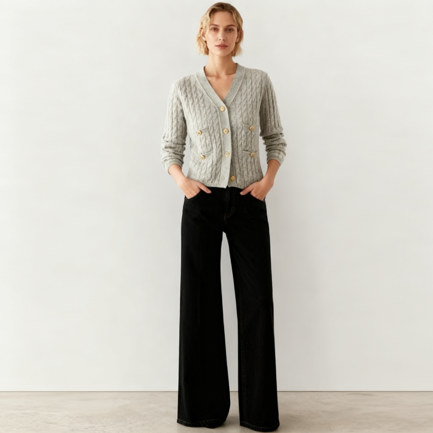 Women's Fitted V-Neck Cable Knit Cashmere Sweater REAL SILK LIFE