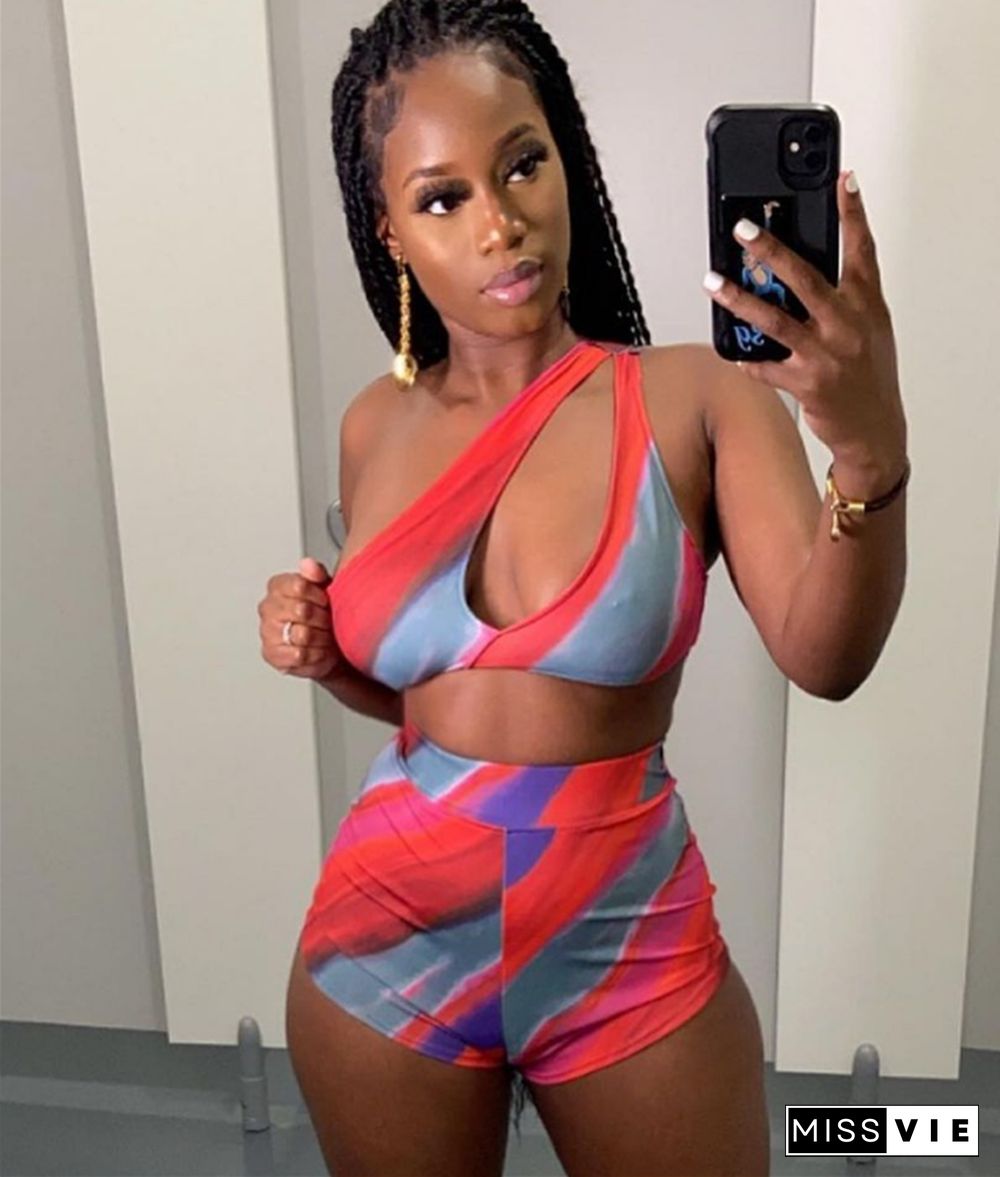 Tie Dye Cut Out Crop Tops Bodycon Shorts Two Piece Set