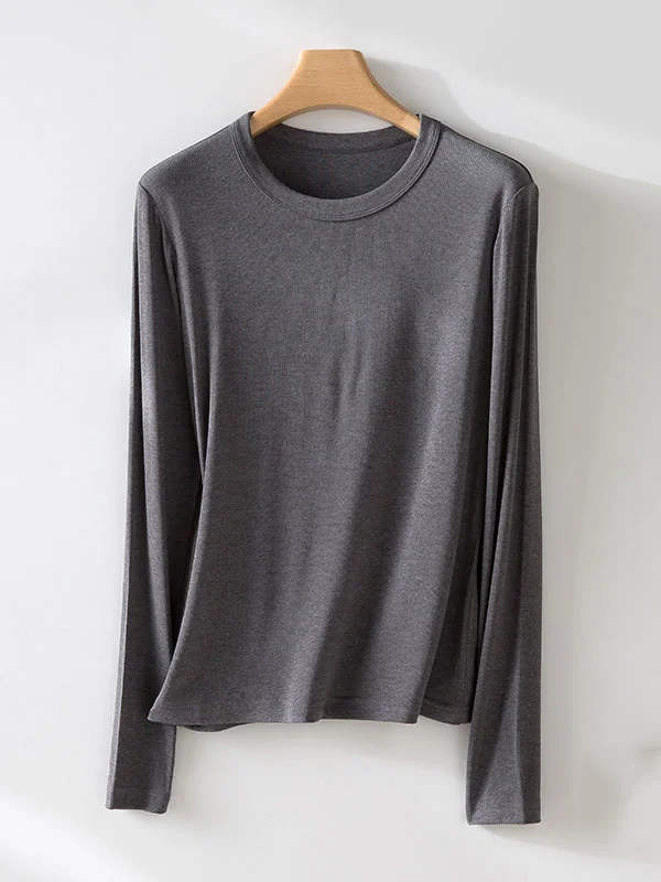 Solid Color Long Sleeves Round-neck Skinny T-Shirts Tops