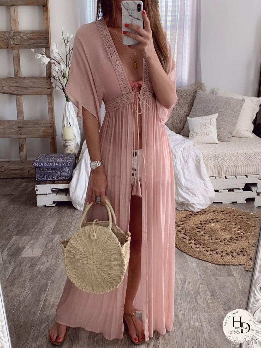 Summer Lace Cardigan Solid Color Holiday Style Dress Long Skirt