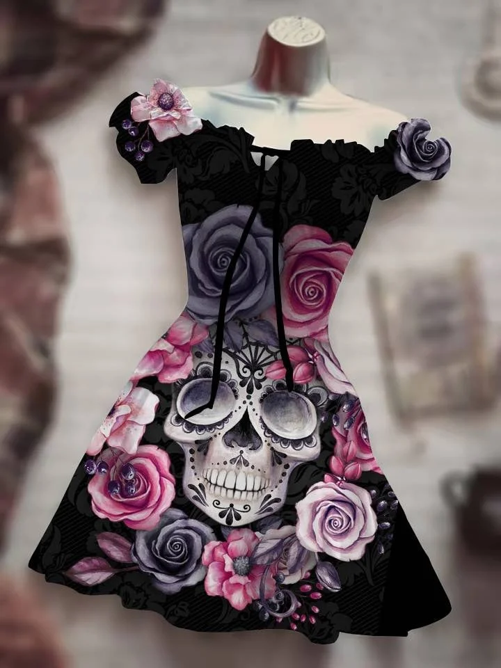 Uforever21  2023  Hot selling outdoor Harajuku Horror Skull Halloween Black Forest Dress Hawaiian Bohemian Dress Beauty Black Ghost