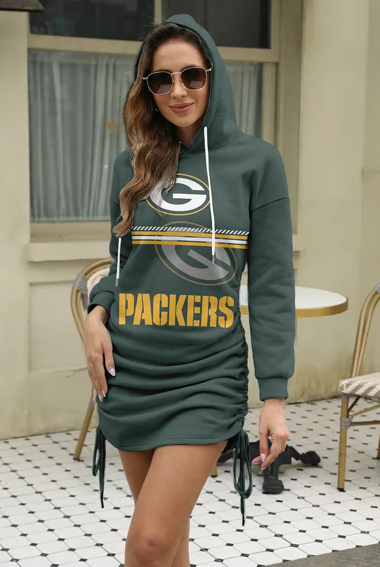 Green Bay Packers  Women's Casual Drawstring Side Ruched Hoodie Dress