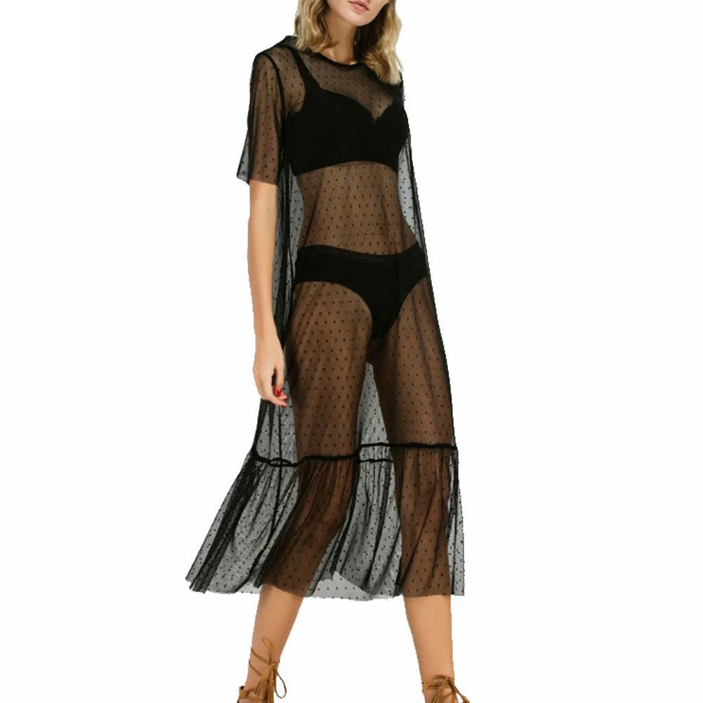 Women Sexy Black See-through Mesh Sheer Dress Tulle Lace Long Beachwear Cover Up