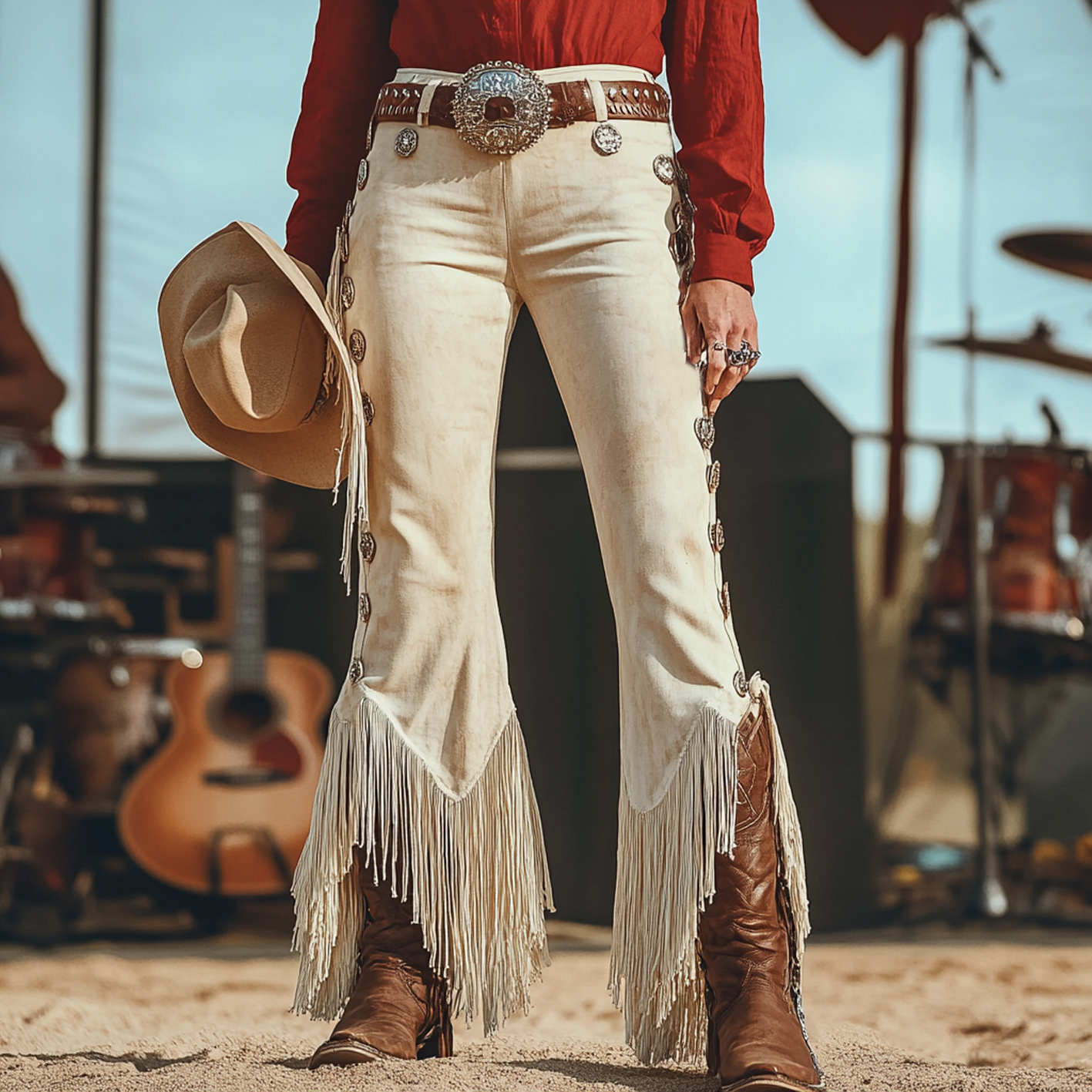 Women's Western Style Fringed Jeans With Cowboy Hat