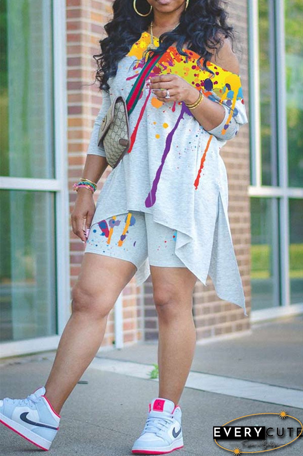 Fashion Print Asymmetrical Oblique Collar Shorts Set