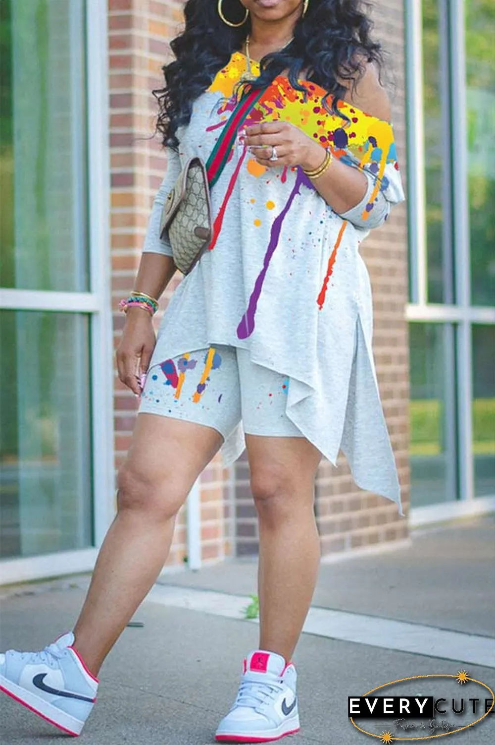 Fashion Print Asymmetrical Oblique Collar Shorts Set