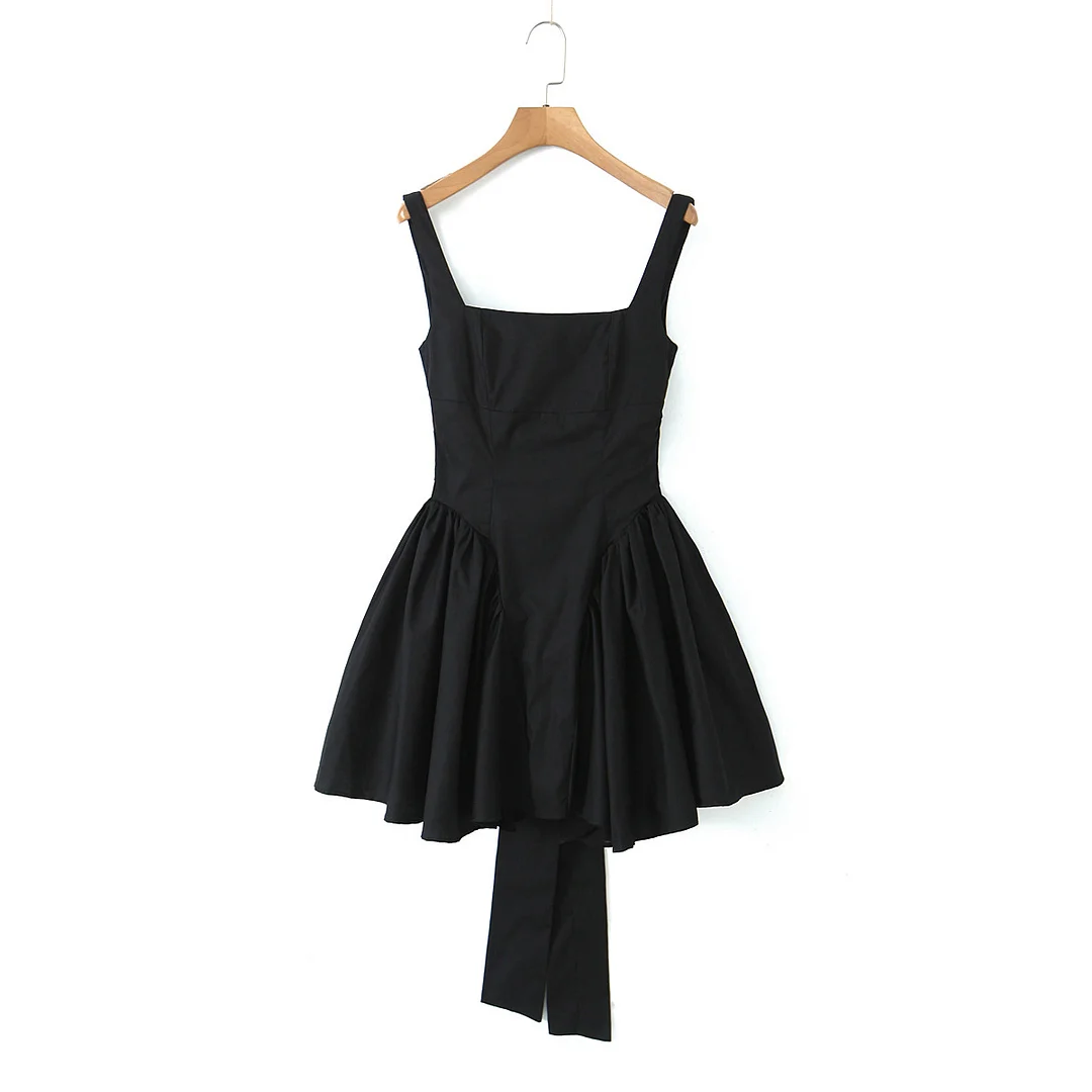 Nncharge Sexy Slash Collar Tie Bow Sashes Backless Dress Woman Slim Waist Stitching Ruched Swing Ball Gown Mini Tank Robe Black