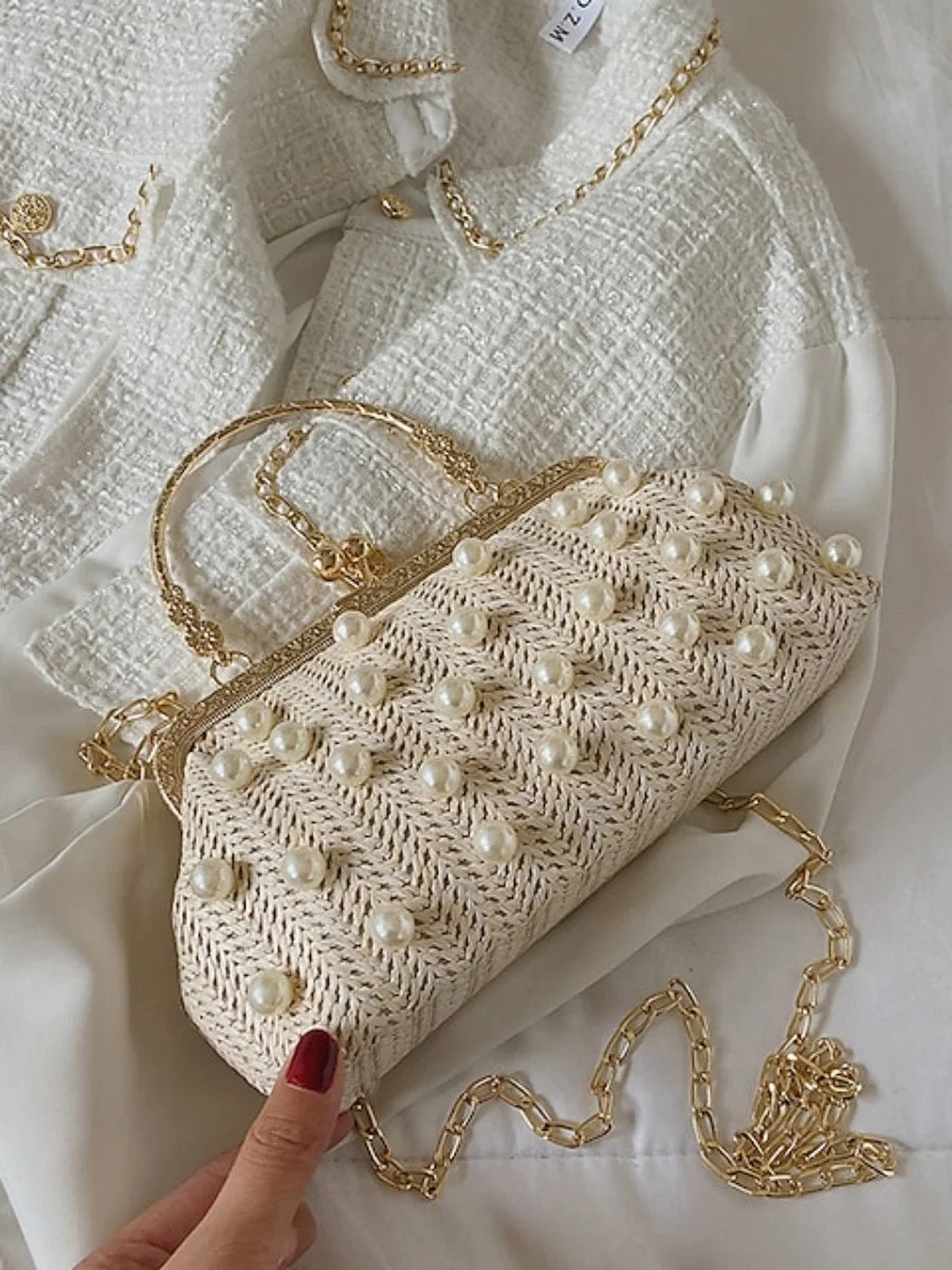 Women's Evening Bag Straw Beading Pearl Clutch Bag