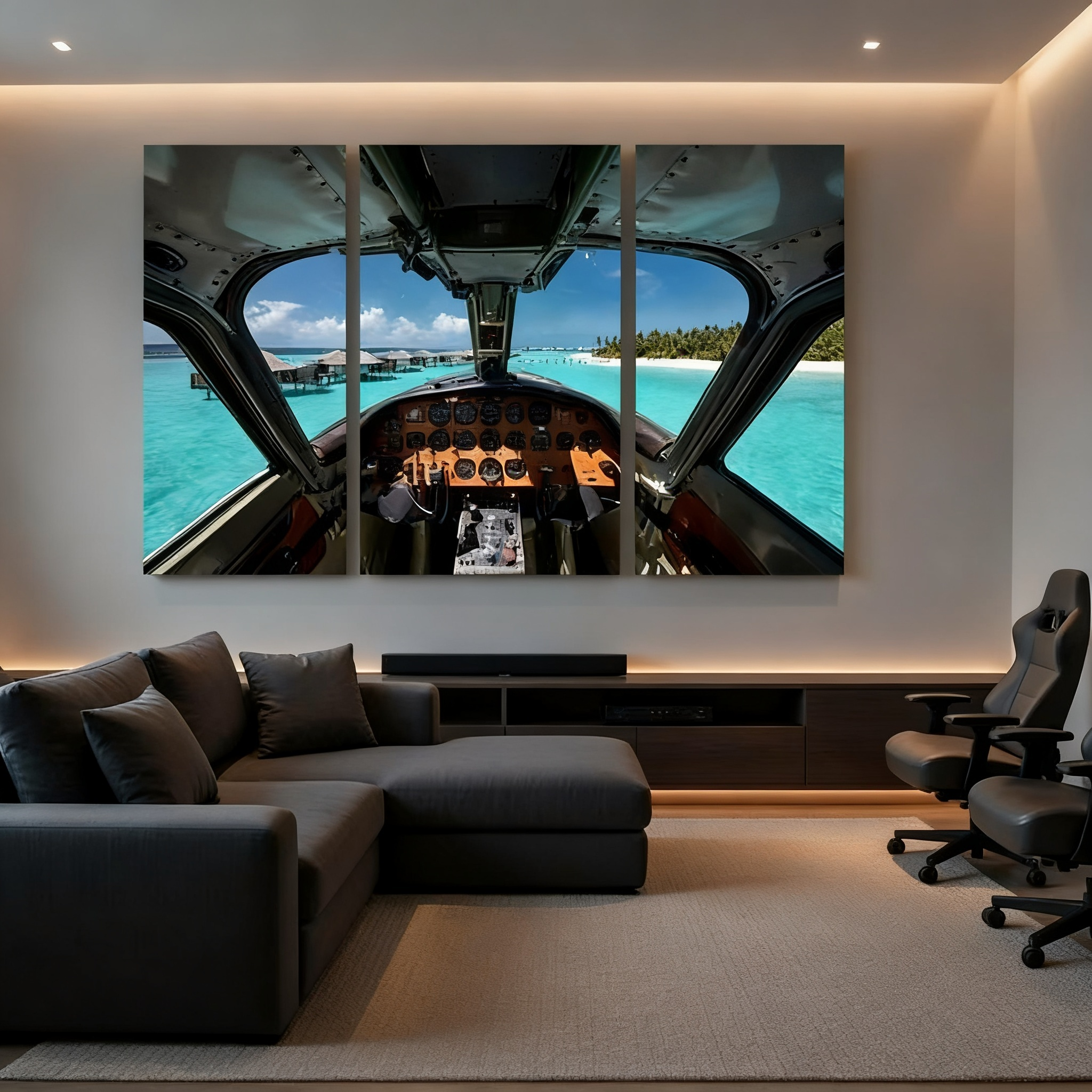 3-Piece Set Vintage Seaplane Cockpit View Over Tropical Maldives Islands Canvas Wall Art