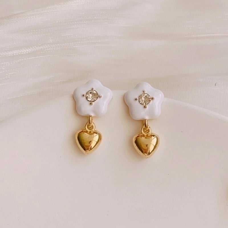 3 Pieces Sweet Heart Shape Rose Flower Inlay Imitation Pearl Alloy Rhinestones Earrings