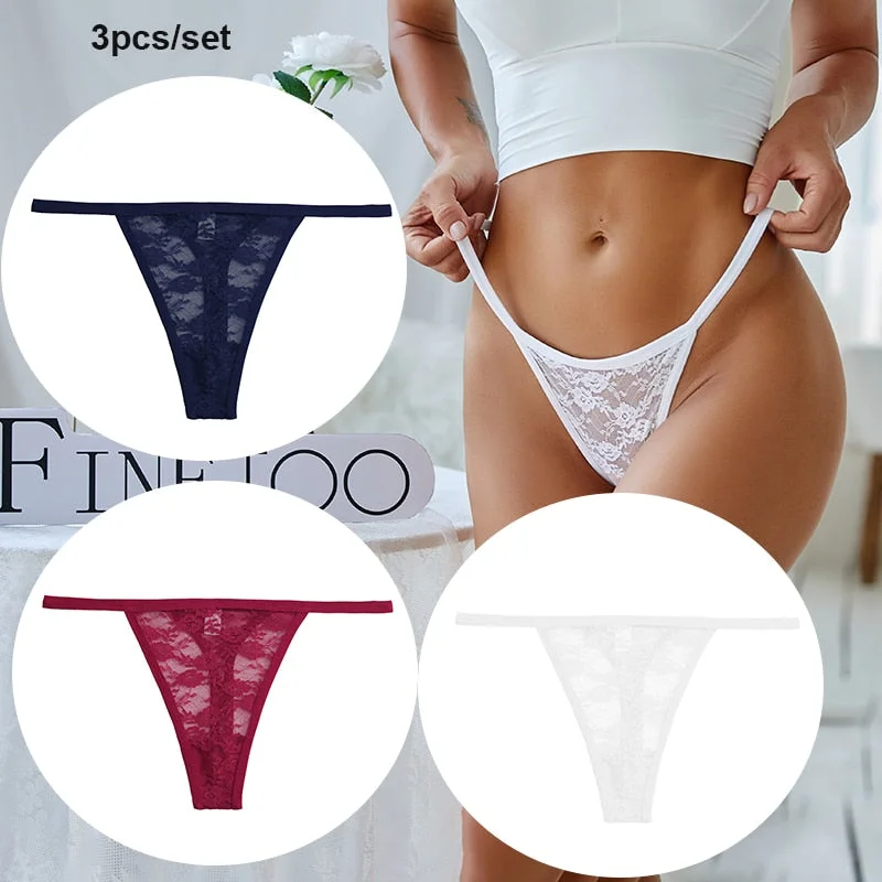 FINETOO 3PCS/Set Women Lace Sexy G-string Perspective Lingerie Temptation Panties Thong Underwear Panty Female Intimates M-XL