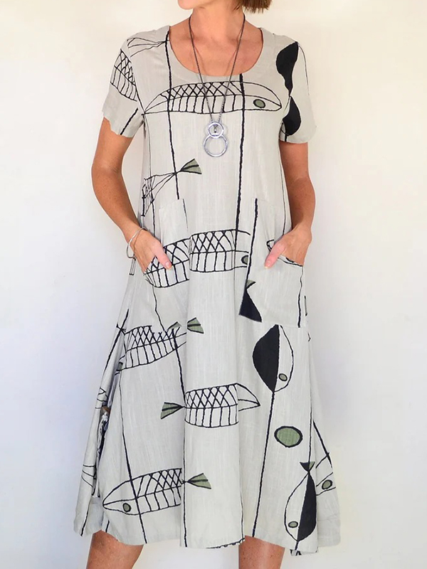 Loose Short Sleeve Pocket Printing Midi Dress