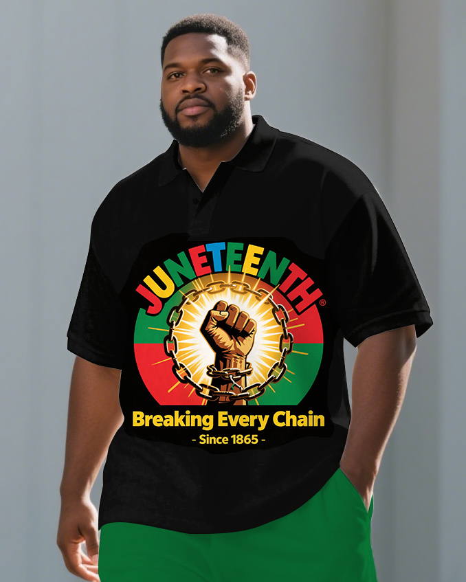 Big Guy's Juneteenth Theme Chain-Fist Printed Short-Sleeved Polo Shirt and Shorts Suit