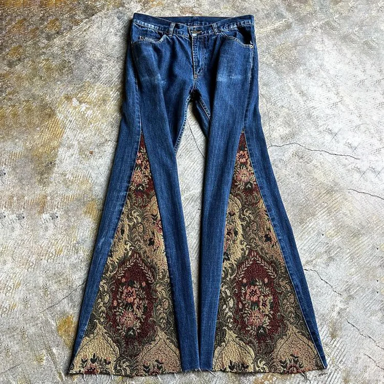Retro Bohemian Ethnic  Pattern Patchwork Flared Jeans