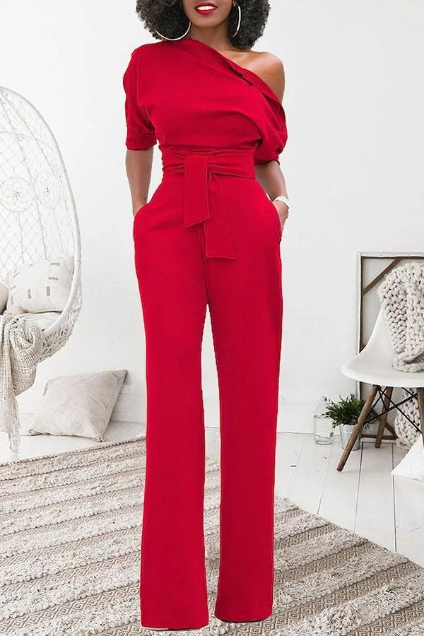 Classic Solid Color Diagonal Belt Jumpsuit
