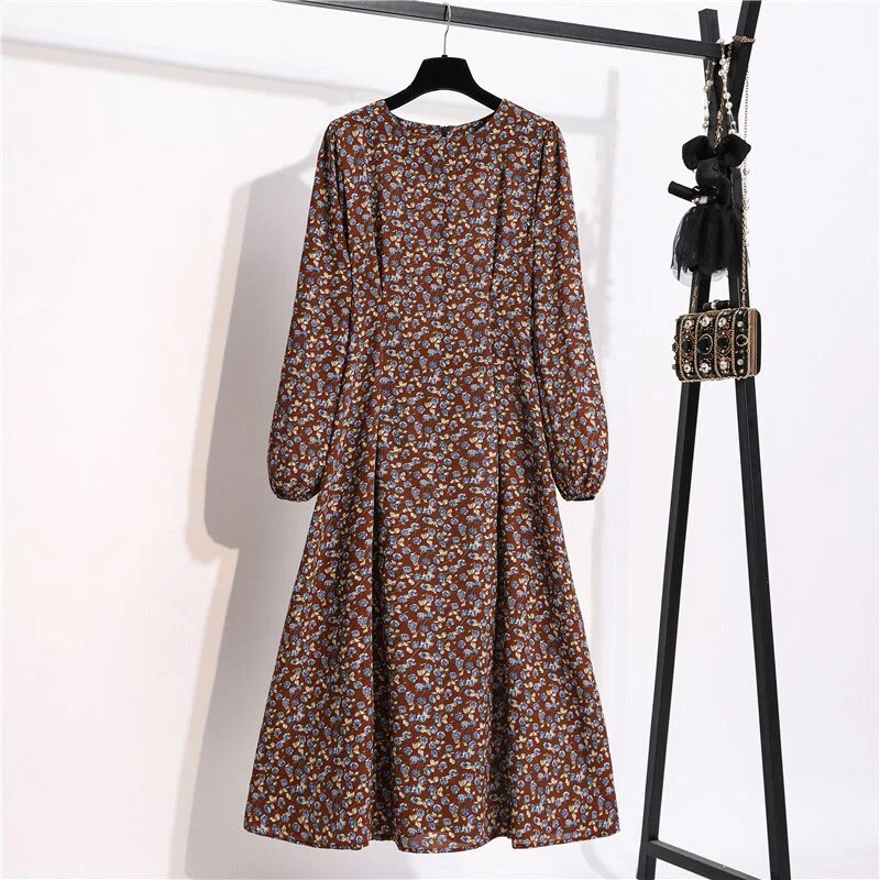 Autumn Winter Women Dress 2022 Vintage Lantern Sleeve Floral Print Chiffon Long Dress Casual A-line Elegant Party Vestidos Robe