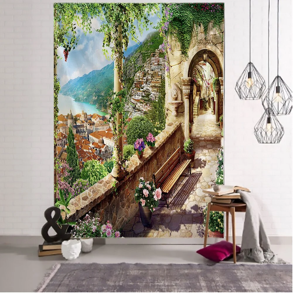 Corridor Scenery Wall Hanging Landscape Tapestry Sea Beach Wall Cloth Beach Mat Flower Blanket Home Decoration