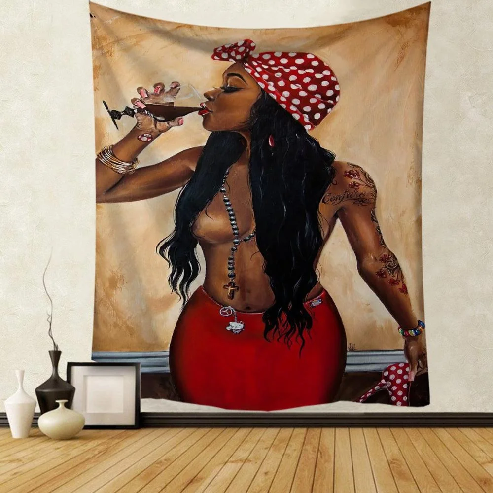 Black Art Tapestry Afro African American Woman Couple Red Wine Love Meditation Hippie Hip Hop Girl Wall Hanging Cloth Tapestries