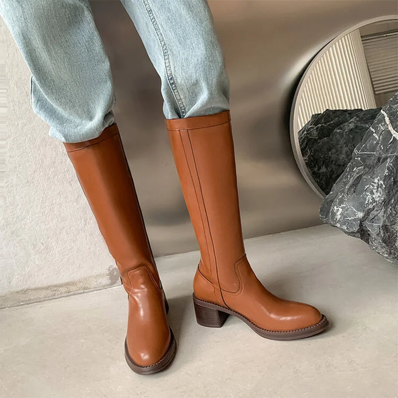 Retro Cowboy Boots Women Handmade Genuine Leather Black/Brown - HIGH WESTERN BOOTS Side Zipper