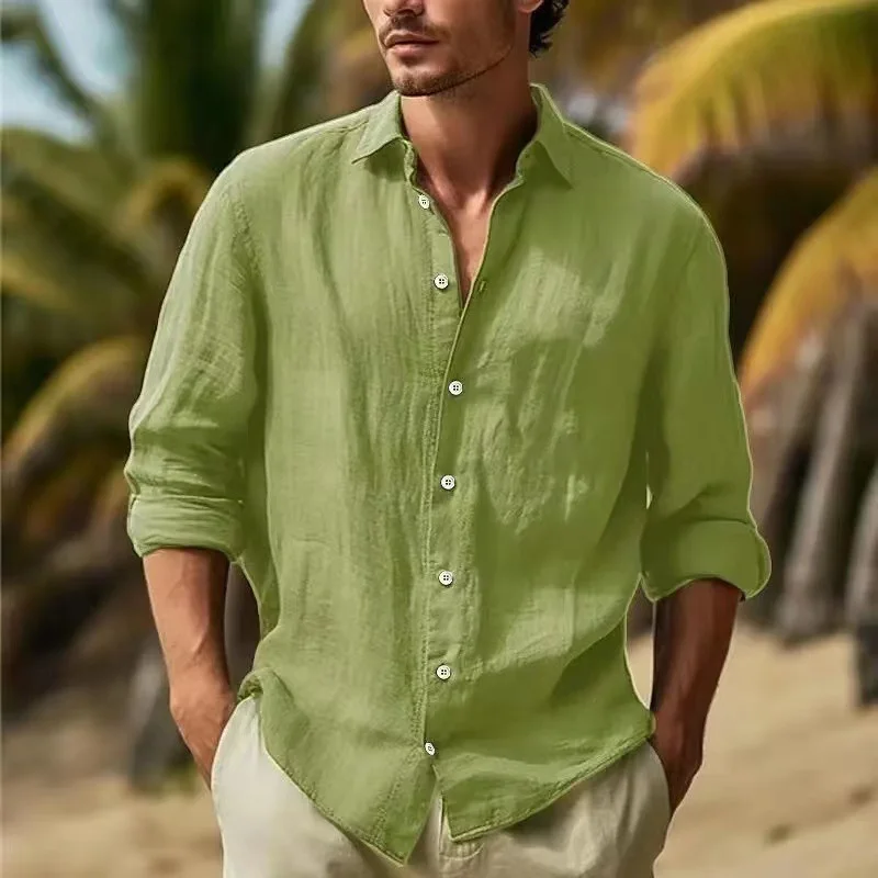 Uveng Uveng Men's Linen Shirt Button Shirt Summer Beach Shirt Pure Color