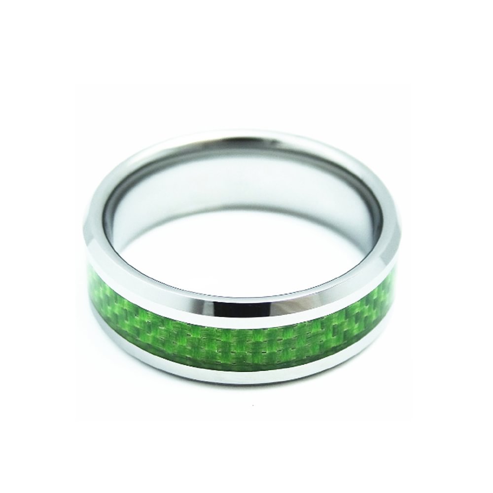 8mm Green Carbon Fiber Inlay Mens Tungsten Ring Polished Beveled Edge