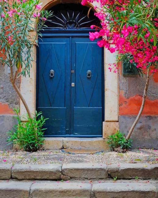 

Blue Door And Pink Flowers – Paint By Numbers - 40*50CM, 501 Original