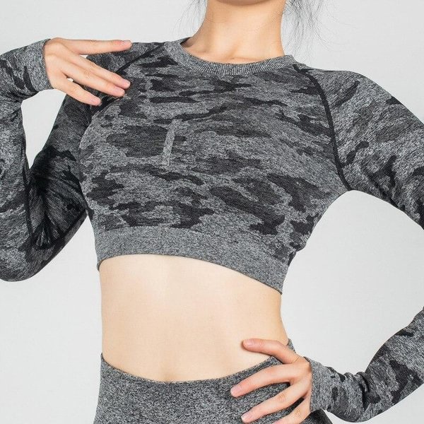 Fitness Yoga Camisole Fashion Camouflage Long Sleeve Skinny T-Shirt Sportswear Workout Tops Women Clothing - Shop Trendy Women's Fashion | TeeYours