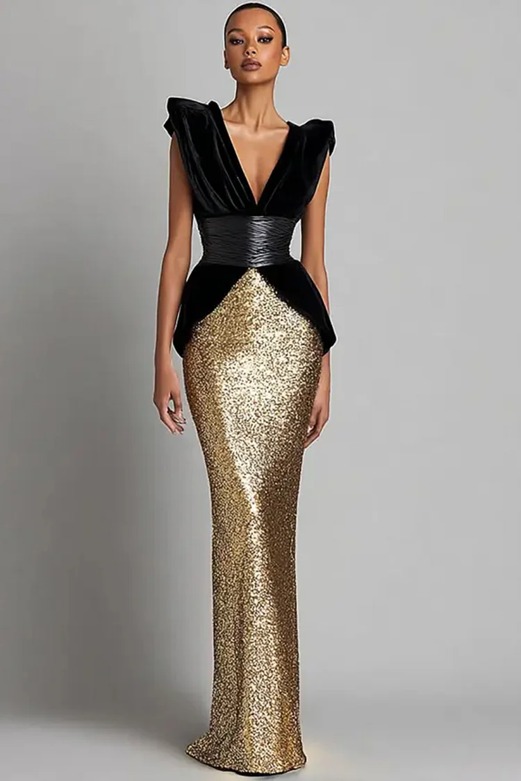 Velvet Sequin Deep V Neck Maxi Dress-Gold [Custom-Made]