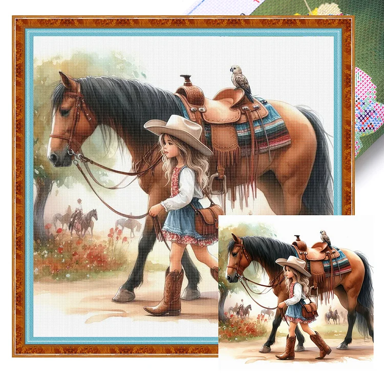 【Huacan Brand】girl and horse 40*40cm 11CT Stamped Canvas Cross Stitch gbfke