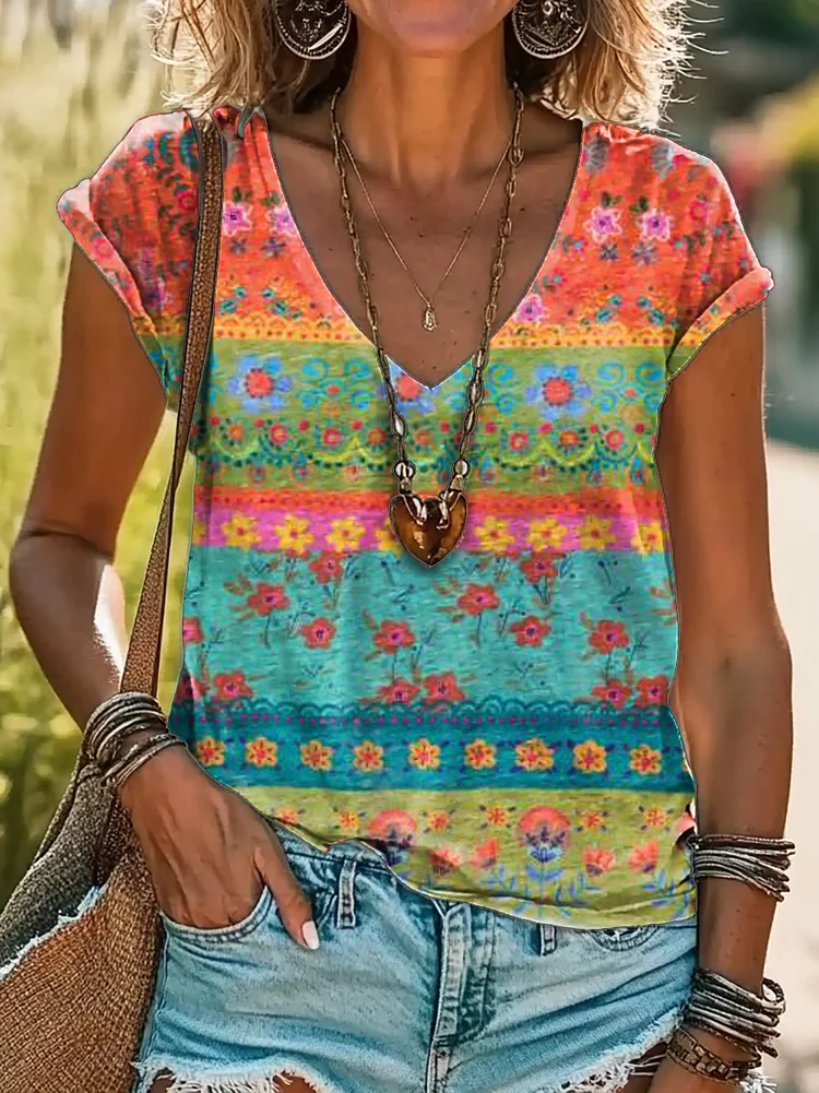 Women's Floral Patchwork Art Print Cotton V Neck T-Shirt