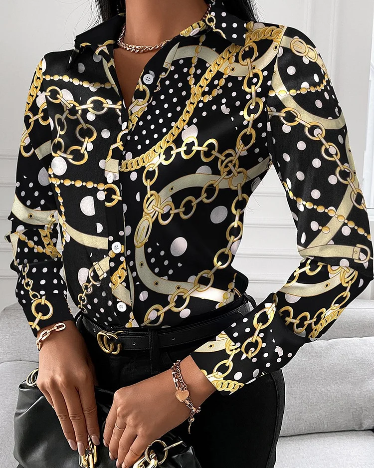 Women's Geometric print single-breasted Shirt Top Art Abstract Long Sleeve Shirt