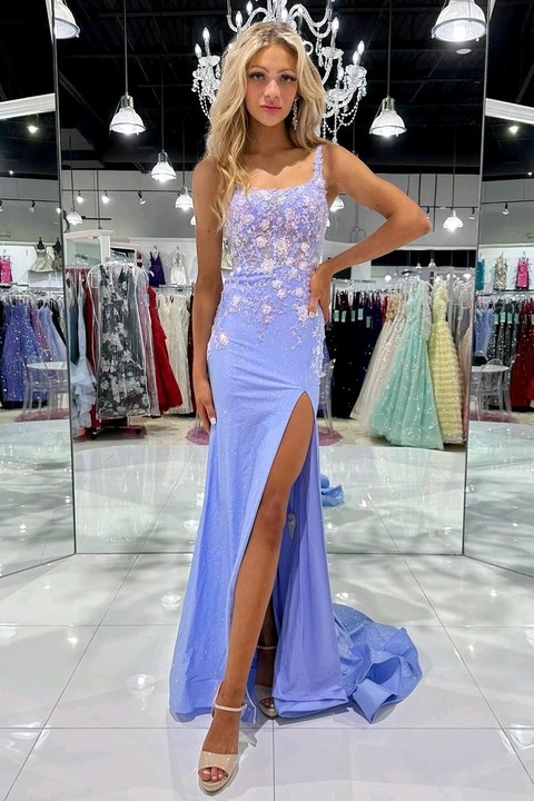 Oknass Charming Lavender Square Lace Applikation Prom Dress With Split