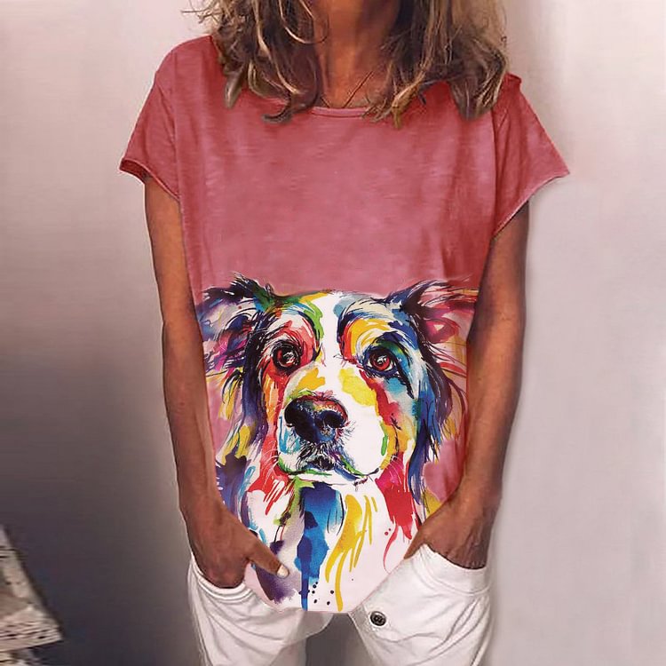 Artwishers Crew Neck Short Sleeve Oil Painting Dog Print T-Shirt