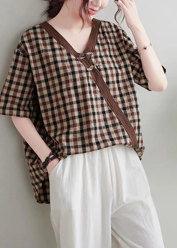 Vintage Chocolate Plaid Cotton Linen Blouse Top Summer