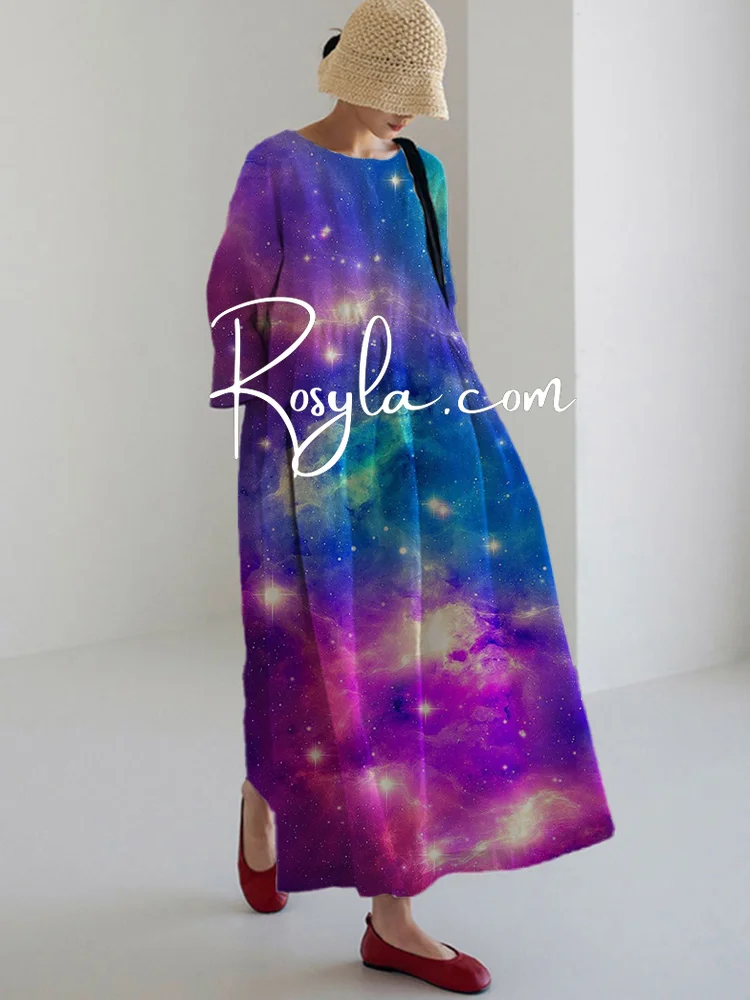 Women's Fashion Starry Sky Print Long Sleeve Midi Dress