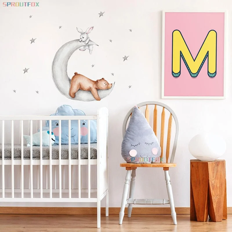 Cartoon Animal Bunny Bear Wall Sticker For Kids Room Baby Girl Room Sleeping on the Moon Stickers Nursery Bedroom Kids Stickers
