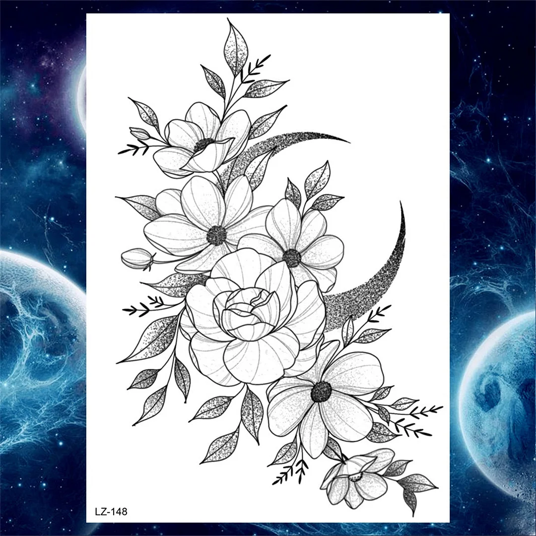 Large 3D Rose Flower Temporary Tattoos For Women Men Adults Death Skull Tattoo Sticker Peony Dahlia Black Fake Tatoos Forearm
